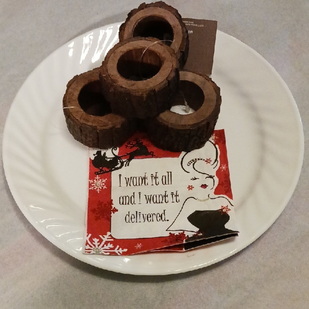 White Ceramic Plate with Brown Wooden Napkin Rings